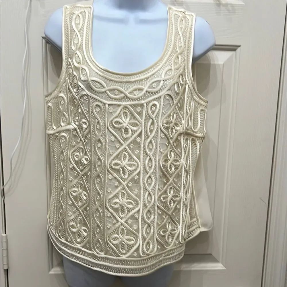 R & M Richards Cream Embellished Tank Top Embroider Sheer Scoop Neck Sleeveless